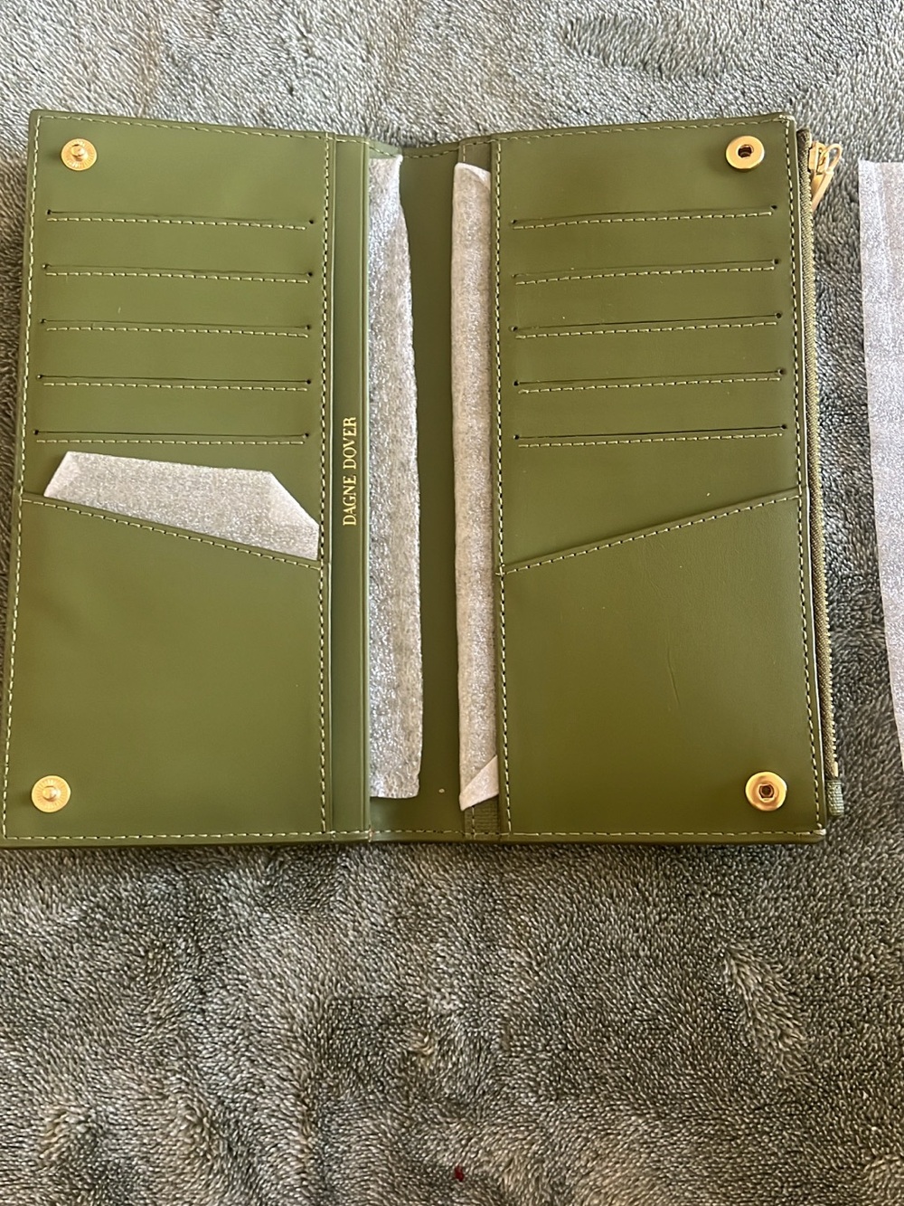 Dagne Dover Olive Green Leather Continental Wallet with Gold Hardware